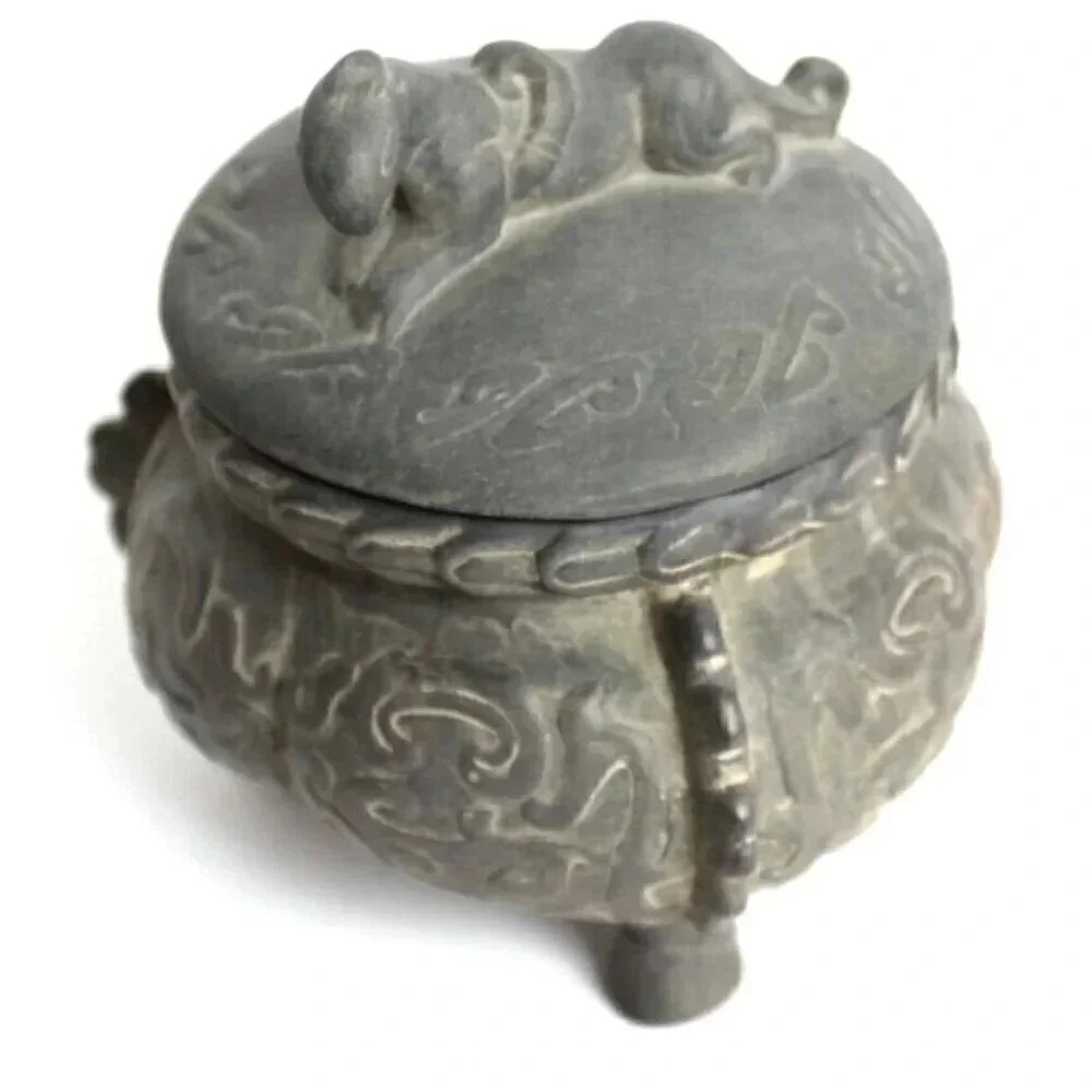 Vintage Cermatic Footed Chinese Pot Jar Wine W/ Lid Vessel Room Decor - Picture 1 of 4